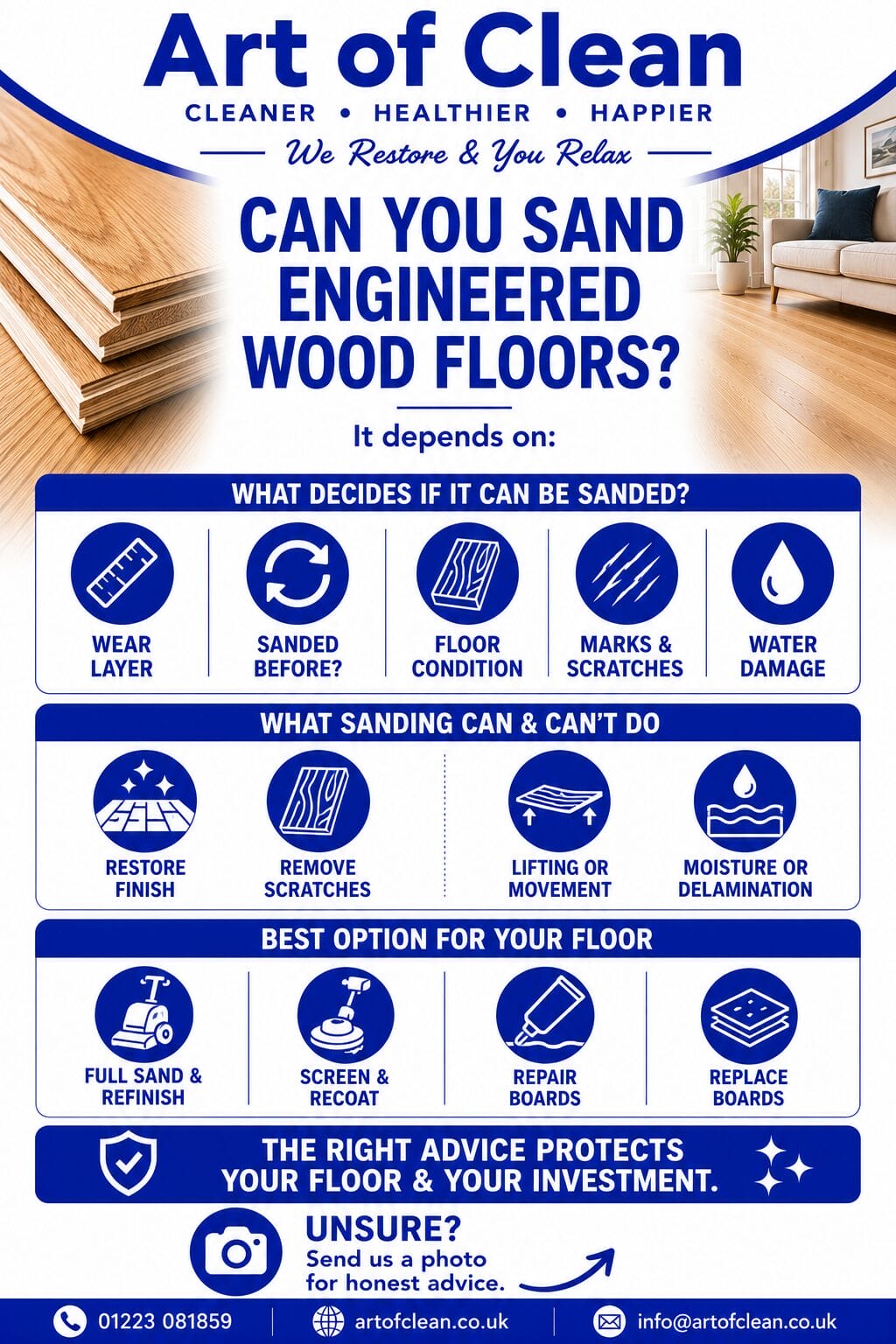 Visual infographic highlighting the questions around Sanding engineered wood floors